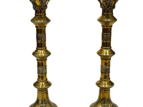 Pair brass ecclesiastical altar candle holders, 49cm.