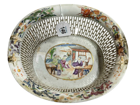 Chinese brush pot decorated with figures and verse, and Chinese pierced pottery basket. thumbnail