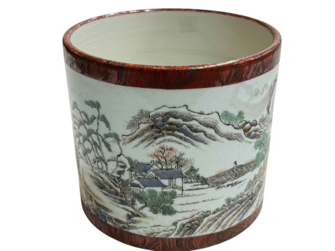 Large Chinese pottery brush pot decorated with continuous landscape and lake scene, blue seal mark to base, 16.5cm. thumbnail