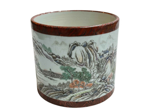 Large Chinese pottery brush pot decorated with continuous landscape and...