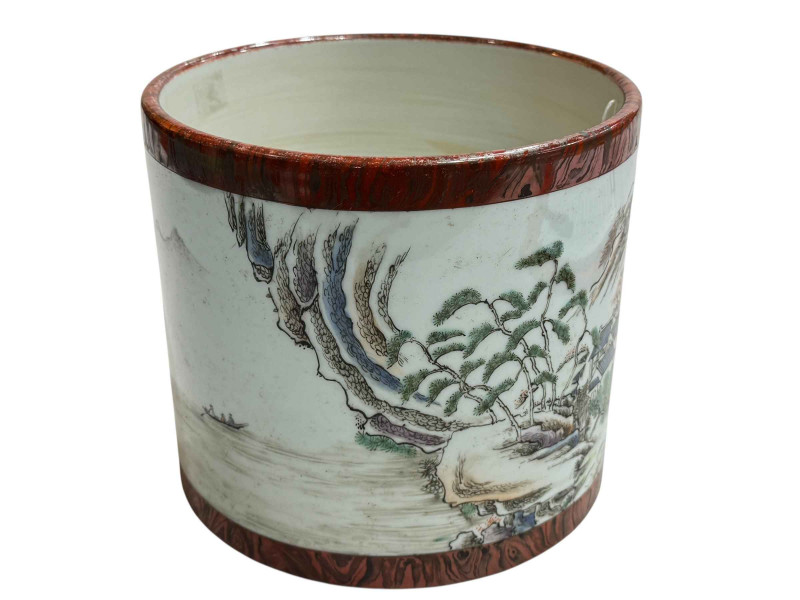 Large Chinese pottery brush pot decorated with continuous landscape and lake scene, blue seal mark to base, 16.5cm.