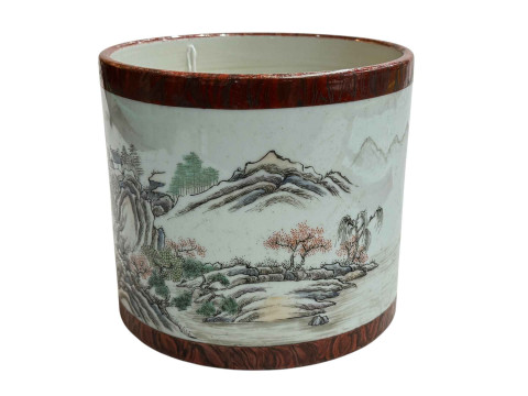 Large Chinese pottery brush pot decorated with continuous landscape and lake scene, blue seal mark to base, 16.5cm. thumbnail