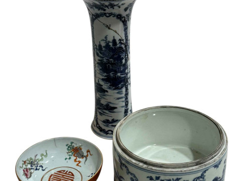 Chinese blue and white vase, blue and white bowl and small porcelain bowl...