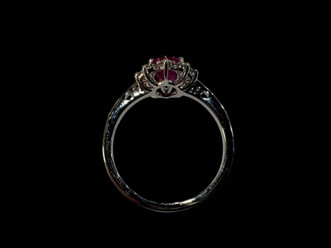 18 carat white gold oval ruby and diamond cluster ring, size M. thumbnail