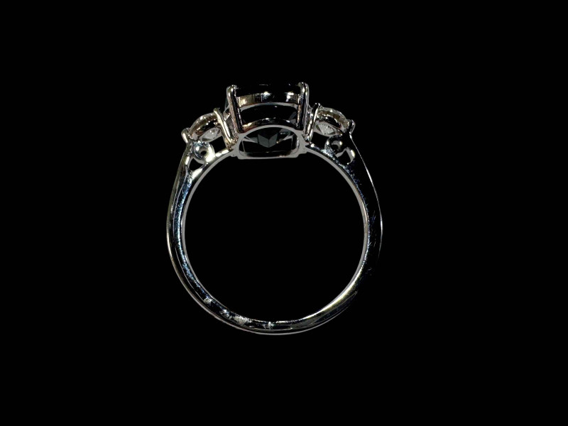 Three stone sapphire and diamond ring set in 18 carat white gold, size L, sapphire over 3.5 carats.