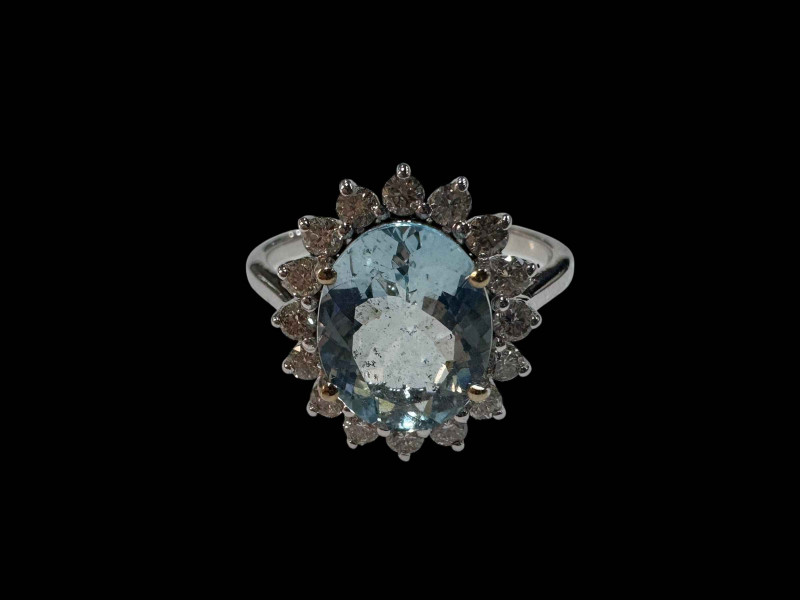 18 carat white gold aquamarine and diamond cluster ring, aquamarine over 2 carats, size N.