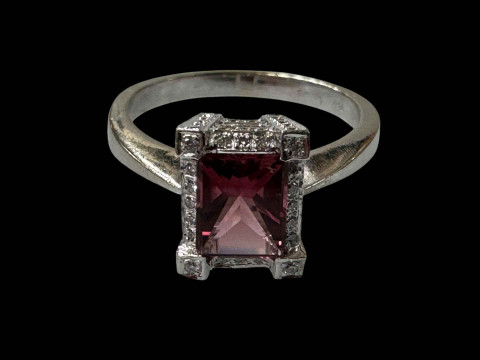 Pink tourmaline and diamond 18 carat white gold ring, size P/Q.