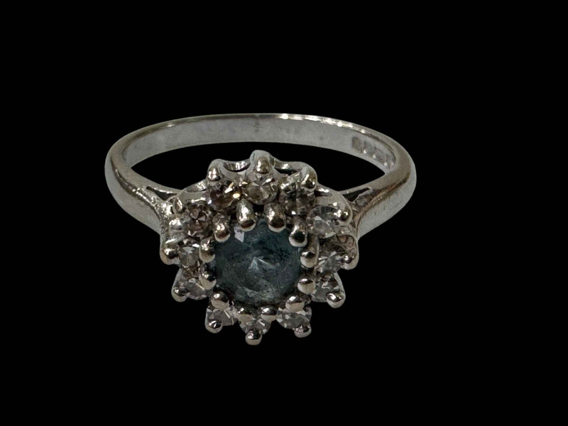Aquamarine and diamond 18 carat white gold ring, size M.