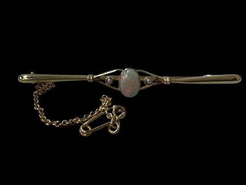 Opal and seed pearl 15 carat gold bar brooch with safety chain, 5.7cm...