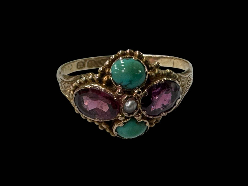 Victorian 12 carat gold ruby and turquoise ring, Birmingham 1868, size N/O.