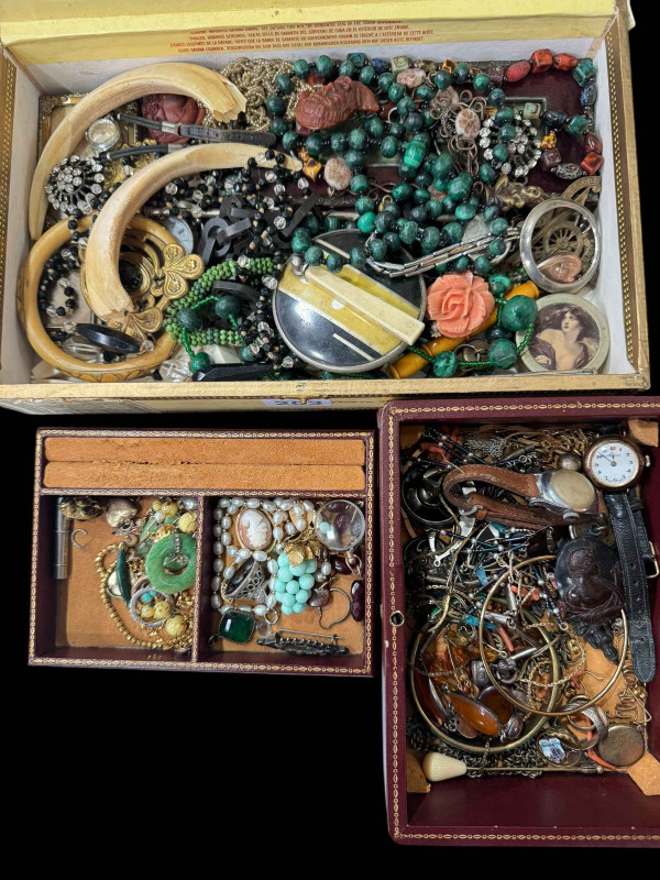 Two boxes of costume jewellery, watches and collectables.