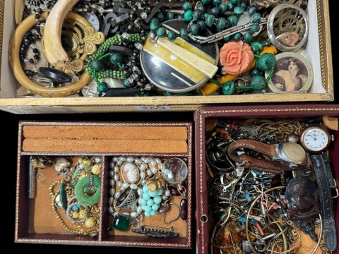 Two boxes of costume jewellery, watches and collectables.