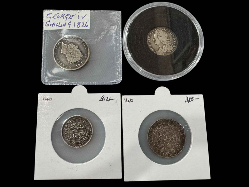 George II 1757 silver coin and three Georgian and Victorian silver coins (4).