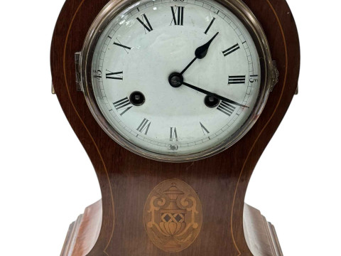Edwardian inlaid mahogany balloon mantel clock with brass handles and...
