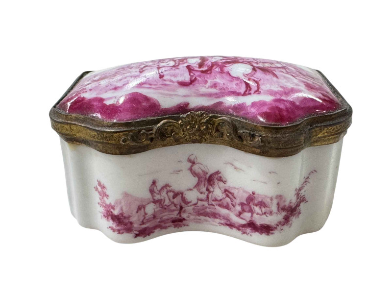 19th Century enamelled trinket box decorated with varying scenes.