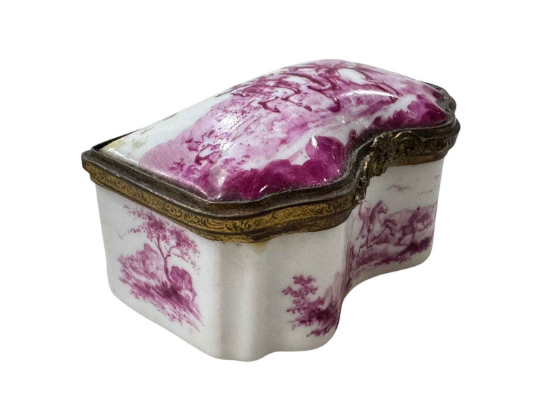 19th Century enamelled trinket box decorated with varying scenes.