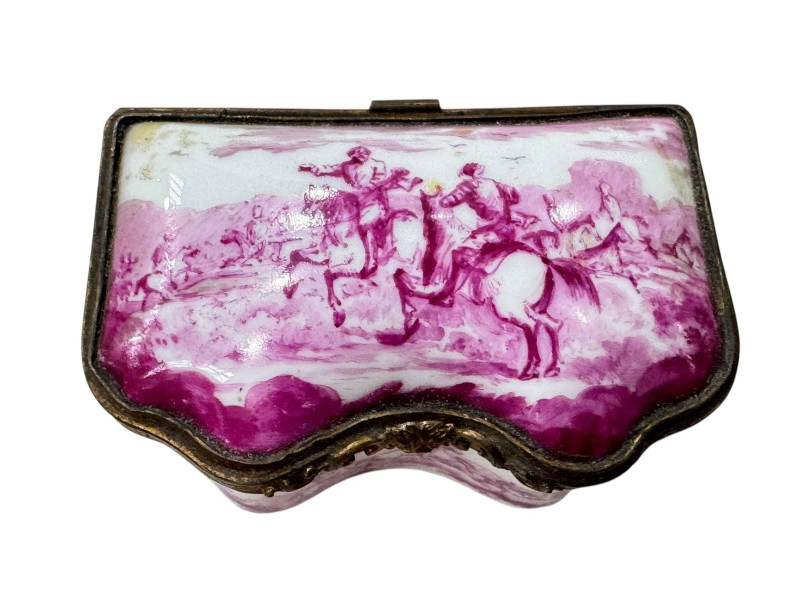 19th Century enamelled trinket box decorated with varying scenes.