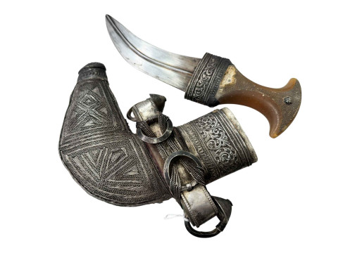 A white metal Jambiya/Khanjar in ornate white metal sheath. thumbnail