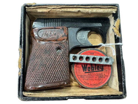 Webley Scott Sporto staring pistol with cartridges and box, no licence...