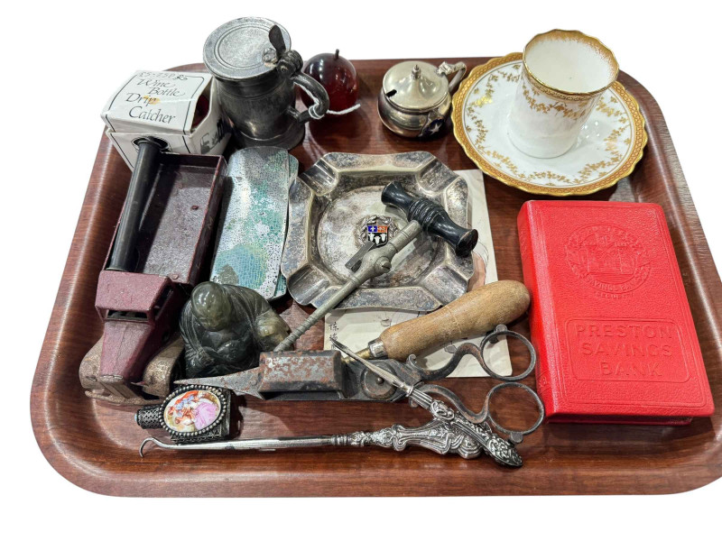 Quantity of collectables including tinplate lorry, silver handle button hook, steel candle snuffers, etc.