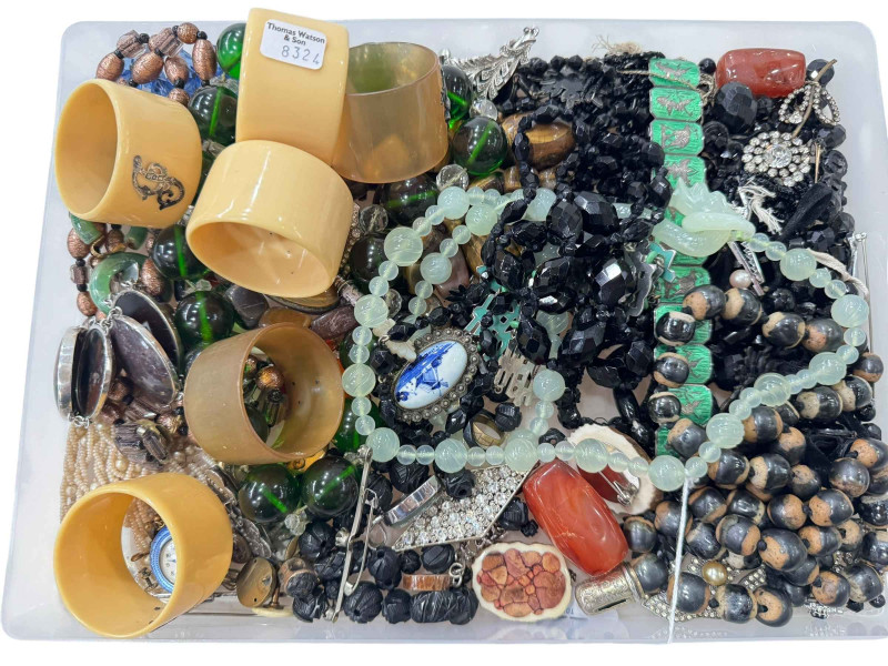 Collection of costume jewellery, napkin rings, etc.