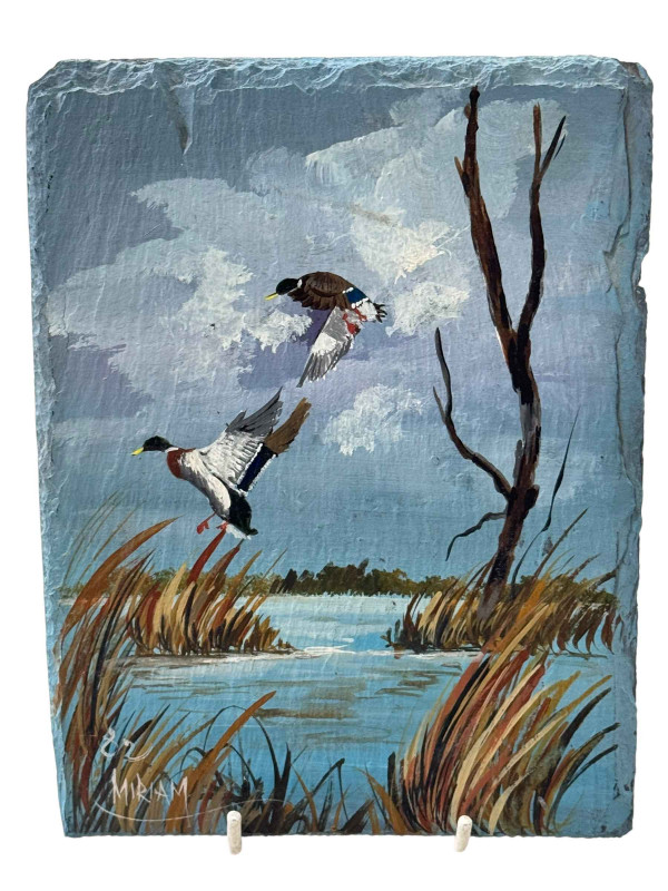 Miriam Ragan hand painted tile featuring ducks in flight over a lake, 20cm by 15cm.