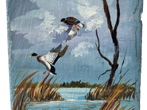 Miriam Ragan hand painted tile featuring ducks in flight over a lake,...