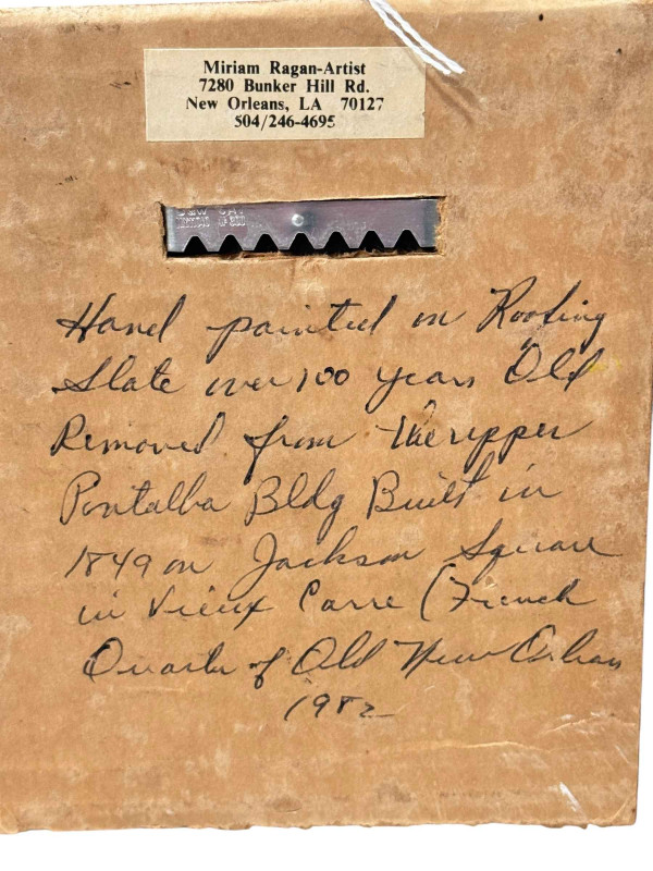 Miriam Ragan hand painted tile featuring ducks in flight over a lake, 20cm by 15cm.