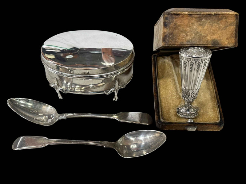 Silver ring box, Birmingham 1912, two silver teaspoons, and French seal in case.