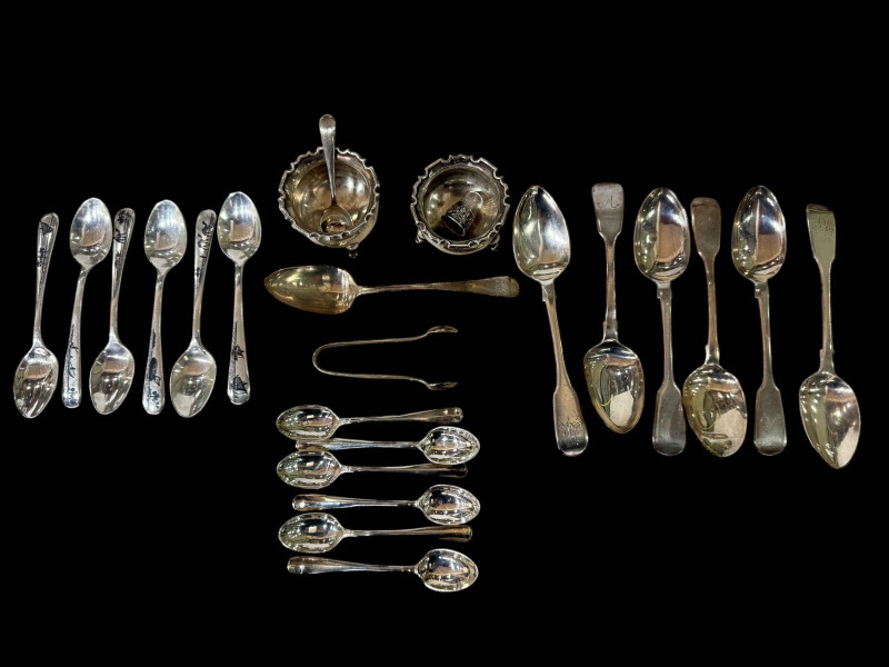 Three sets of six silver tea and coffee spoons, pair open salts, thimble, tongs and two spoons.