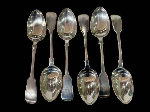 Set of six Victorian Exeter hallmarked silver dessert spoons, 1860.