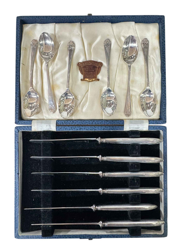 Set of six silver golf motif teaspoons and set of silver handled tea knives (2).