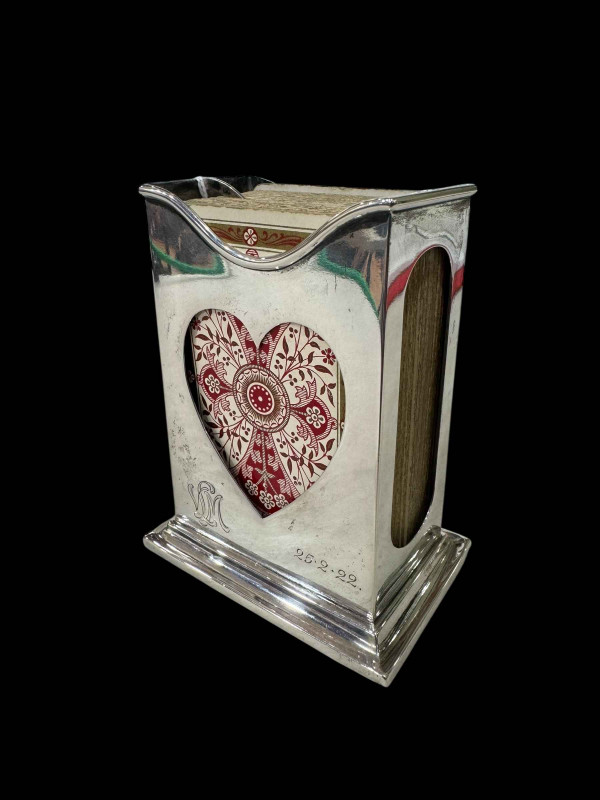 Danish silver two pack playing card holders pierced with heart and diamond, circa 1920's, 10.5cm high.