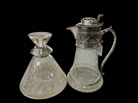 French silver mounted Art Deco decanter and silver plated mounted and...