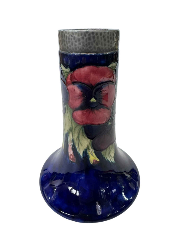 Moorcroft Pottery Pansy vase with Tudric pewter rim, 20.5cm.