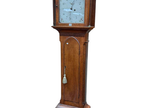Antique oak eight day longcase clock having floral painted arched dial,...