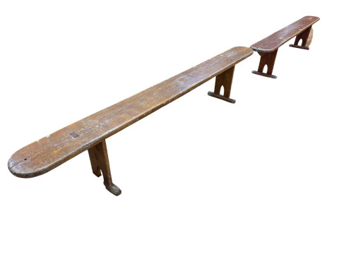 Pair Victorian grain painted pine benches, 43cm by 237cm by 25cm.