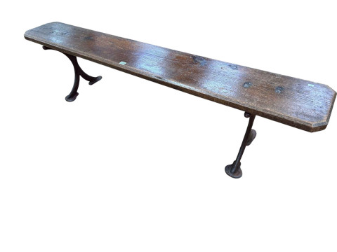 Victorian pitch pine and cast iron railway bench, 46cm by 176cm by 28cm.