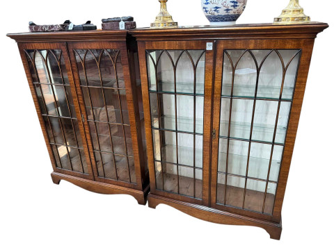 Pair Bevan & Funnell Reprodux mahogany display cabinets, one illuminated,...