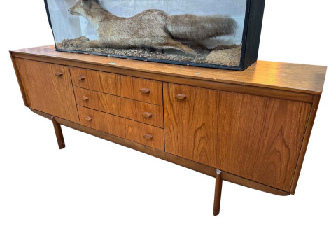 Mid Century teak long john sideboard, 73cm by 193cm by 43cm.