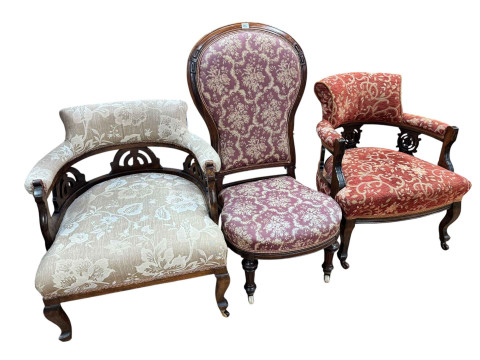 Victorian mahogany spoon back nursing chair and two late Victorian tub...