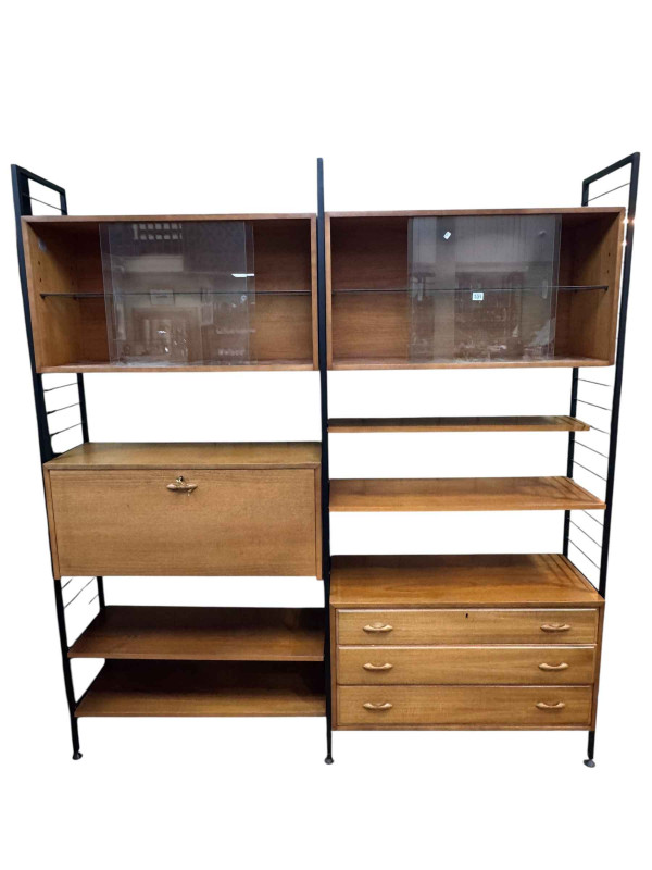 Mid Century teak Staples Ladderax two section wall unit, 201cm by 185cm by 41cm at deepest point.