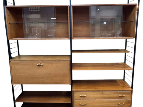 Mid Century teak Staples Ladderax two section wall unit, 201cm by 185cm...