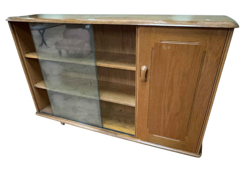 Ercol style cabinet bookcase, 87cm by 136cm by 35cm.