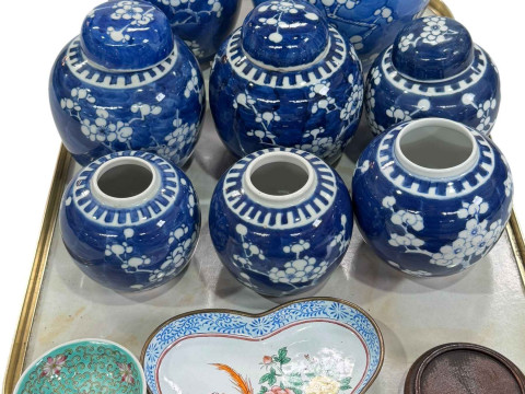 Collection of Chinese Prunus ginger jars, enamel decorated dish and small...