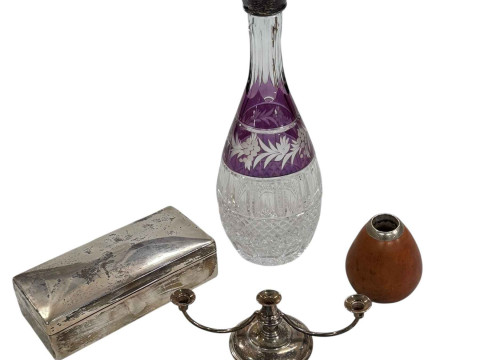Glass decanter with silver collar, silver cigarette box, small candle...