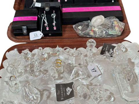 Collection of glass ornaments and tray of Boop Oop-a-doop jewellery, etc.