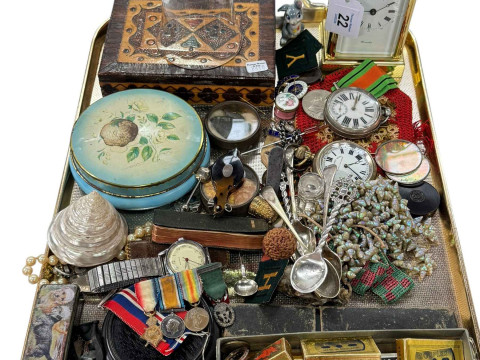 Tray of collectables including carriage clock, pocket watches, medals,...