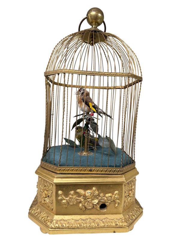 French singing birds automaton in gilt cage, of large size, 50cm overall height, winding but not playing, impressed FRANCE to wooden base, circa 1900.