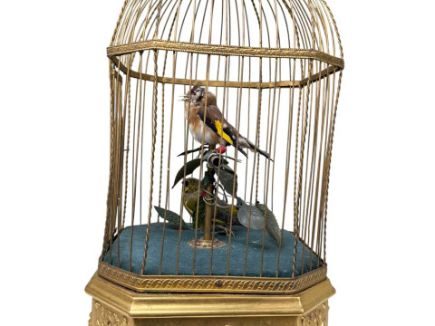 French singing birds automaton in gilt cage, of large size, 50cm overall height, winding but not playing, impressed FRANCE to wooden base, circa 1900. thumbnail